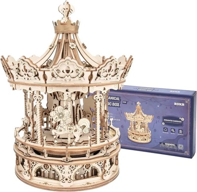 Rompecabezas de madera 3D carrusel modelismo kits de construcción caja de música giratoria 5 caballos Foto 1 de 4