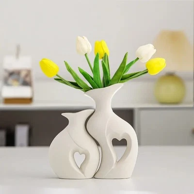 1 Set Eclectic White Resin Double Vase - Cylinder Shape, Decorative Centerpiece - Image 1 of 4