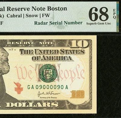 2004A $10 FRN PMG Gem 68EPQ - Fancy Radar Serial Number 09000090 - Image 1 of 3