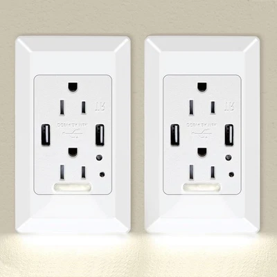 2× LED Night Light Wall Socket 2 USB Ports 2 AC Outlet Duplex Receptacle w/Cover - Image 1 of 4