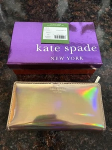 Kate Spade Pink Rose Gold Iridescent Zip Around Wallet Pink Holographic Bifold - Picture 1 of 4