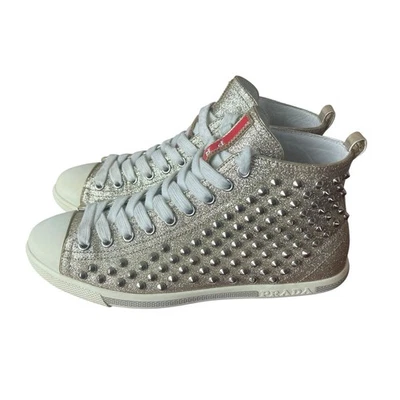 PRADA Glitter Leather Spiked High Top Sneakers Size 5.5/36 - Image 1 of 4