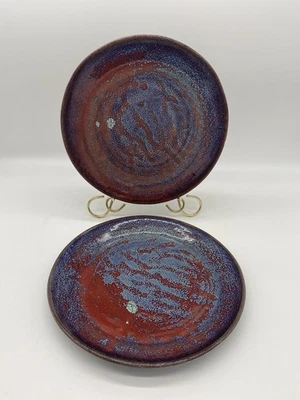 "Juego de 2 platos de cena de cerámica Pigeon River 11"" rojo y azul firmado Bullen" Foto 1 de 4