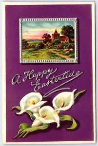 Postcard A Happy Eastertide Gottschalk White Calla Lilies Country Church Purple - Picture 1 of 2