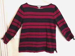 Talbots Womens Sweater LP Petite Burgundy Blue Striped Ruched Tie 3/4 Sleeve - Picture 1 of 5