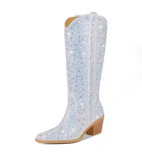 Fashion Women Shiny Rhinestones Knee Boots Pointed Toe Long Boot Thick High Heel - Picture 1 of 5