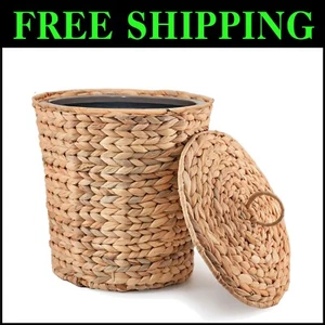 Eco-Friendly Round Trash Can with Lid - Elegant Wicker Waste Basket, 3 Gallons - Picture 1 of 10