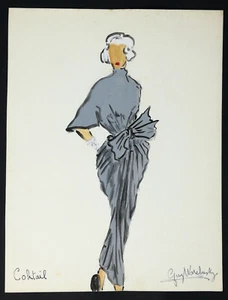 Figurino moda fatto a mano bozzetto originale anni '40 firmato abito da cocktail - Foto 1 di 6