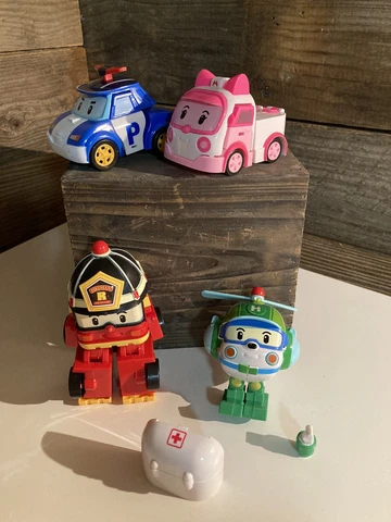 Robocar Poli Set of 4 Transforming Robot Toys 4" LOT - Poli Amber Roy Helly EUC Cover