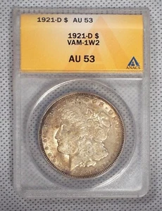 1921-D Morgan Silver Dollar ANACS AU 53 VAM-1W2 Die Breaks Wreath BU/S I-3 R-6 - Picture 1 of 4