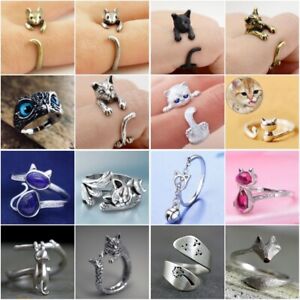 925 Silver Cat Kitty Cubic Zirconia Rings Women Party Jewelry Gifts Adjustable