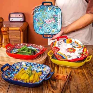 4Pcs Kitchen Dinnerware Dinner Set Plates Dishes Square Tableware Bohemian Style - Picture 1 of 11