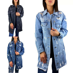 LADIES' LONG OVERSIZE BLUE DESTROYED STONE WASH DENIM JACKET LONG OVERSIZE JEANS JACKET S-XL