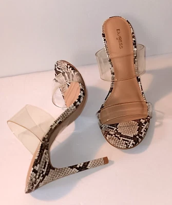 EXPRESS SERPIENTE MULTI TACÓN ALTO PUNTERA ABIERTA SANDALIA MULA CORREAS TRANSPARENTES TALLA 7 NUEVO Foto 1 de 4