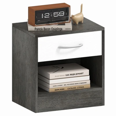 HOMCOM Comodino Moderno con Ripiano Aperto e Cassetto Bianco e Grigio Scuro - Immagine 1 di 4