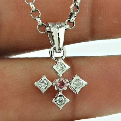 Naturale Zircone Cubico Gemma Ciondolo Rosa 925 Argento Sterling Indian Gioielli - Immagine 1 di 4