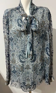 Anne Klein Women 24 W Silk Top Blouse Blue Grey Paisley Plus Size Bow Front - Picture 1 of 6