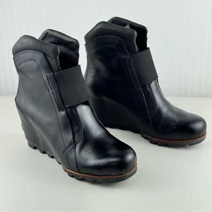 Sorel Fiona Wedge Lux Schwarz Leder Keilabsatz Stiefeletten Gr. 7 EUR 38 Wasserdicht - Bild 1 von 11