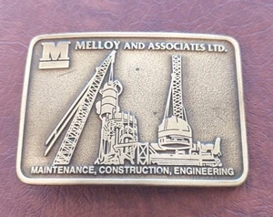 Vintage Brass Belt Buckle Melloy And Associates Maitenenance Construction - Foto 1 di 8