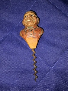 Vintage Hand Carved Wood Laughing Men Wine Corkscrew - Picture 1 of 2