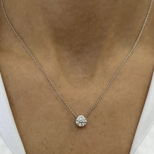 Diamond Pendant Solitaire Necklace Round E VS1 1 Carat Labcreated 14K White Gold - Picture 1 of 8