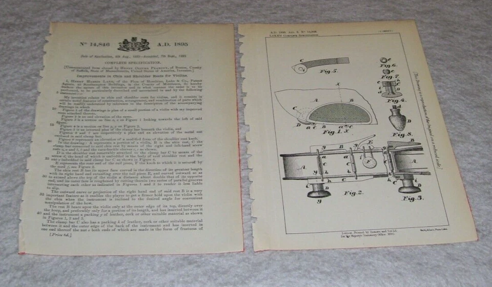 IMPROVEMENT IN CHIN & SHOULDER RESTS FOR VIOLINS PATENT PEADBODY BOSTON USA 1895 - Image 1 of 1