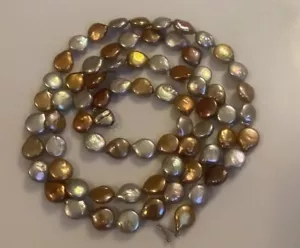 HONORA Signed Lustrous Baroque Coin Pearl 925 Silver Clasp 35.5 Inch Necklace - Picture 1 of 21