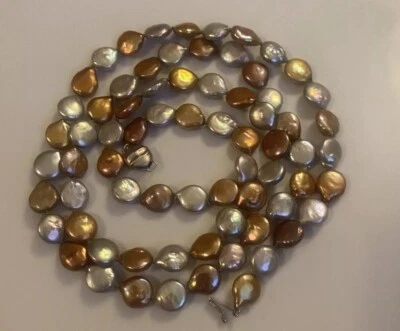 HONORA Signed Lustrous Baroque Coin Pearl 925 Silver Clasp 35.5 Inch Necklace - Image 1 of 4