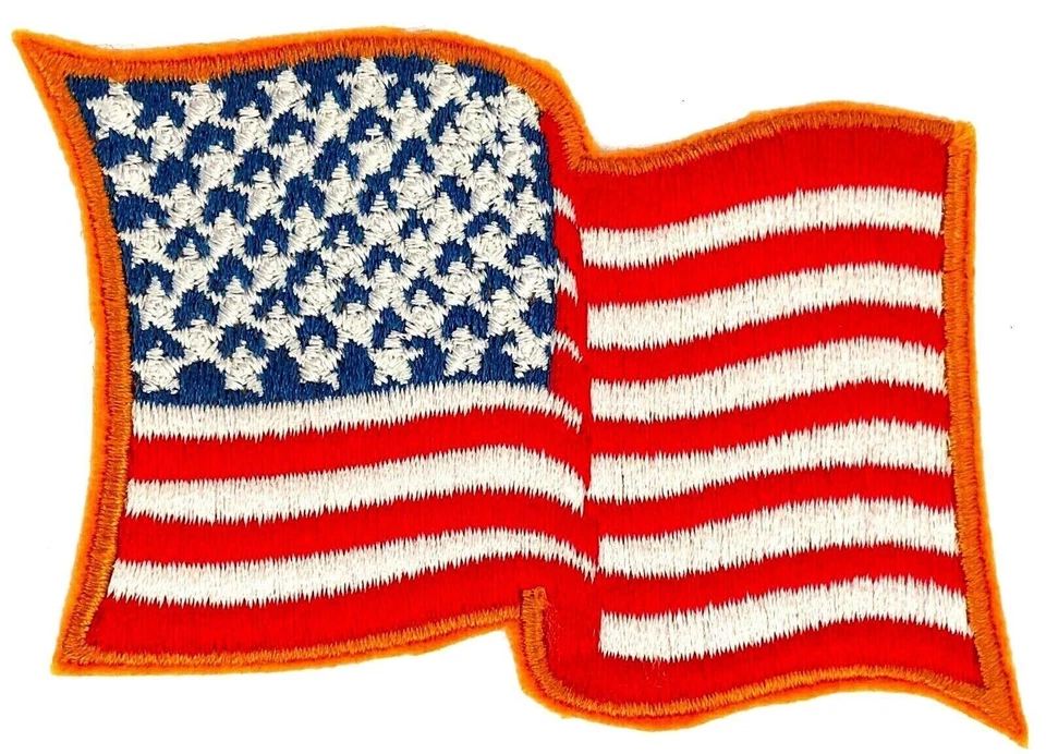USA AMERICAN FLAG EMBROIDERED PATCH WAVING WAVY IRON-ON SEW-ON GOLD BORDER  - Image 1 of 1