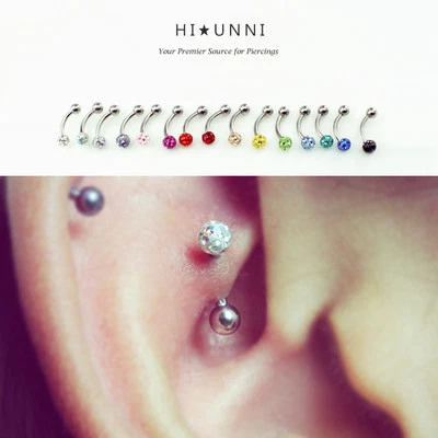 16g Cubic glass ferido ball curved barbell eyebrow rook cartilage earring, 1pc - Image 1 of 4