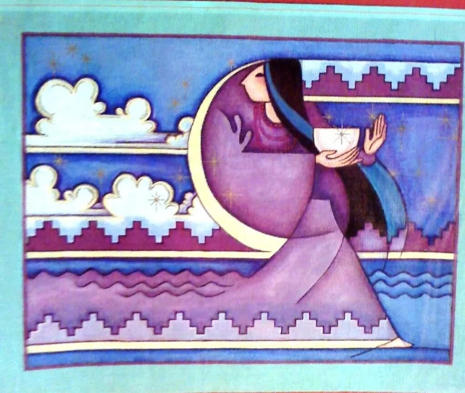 Handpainted Needlepoint Canvas - Full Color Canvas Woman on Moon with Cup - Image 1 of 1