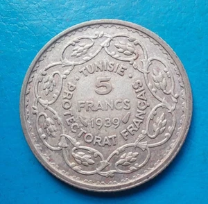 Tunisia 5 Francs Silver 1939 AH 1358 Lec. 309 KM 264 - Picture 1 of 2