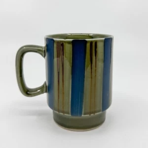 Vintage Japan Stoneware Olive Green w/ Blue & Bronze Stripes Coffee Mug - 8 oz - Picture 1 of 8