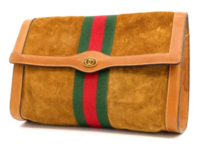 Gucci Vintage Bag Clutch Handbag Purse Sherry Suede Leather Beige Authentic - Image 1 of 4