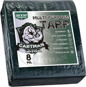 CARTMAN Finished Size 20x30 Feet Waterproof Green Poly Tarp 8 Mil Thick - Picture 1 of 5