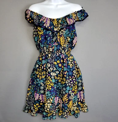 Twenty One Off the Shoulder Dress Womens Juniors 1 Blue Floral Ruffle Empire - Image 1 of 4