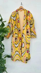Indian Kimono Yellow Ikat Velvet Kimono Robe Night Gown Bridal Night Suits US - Picture 1 of 5