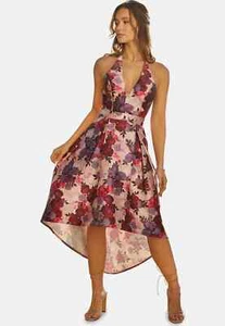 Chi Chi London Halter Neck Plunge Floral Dip Hem Midi Dress 14 Pink/Multi - Picture 1 of 2