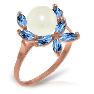 18K. SOLID GOLD RING WITH NATURAL BLUE TOPAZ & PEARL - Picture 1 of 15