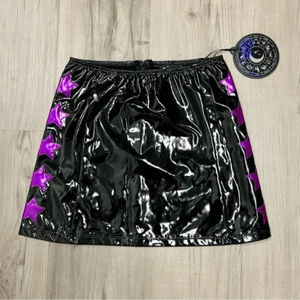 Horoscopez x Dolls Kill black patent miniskirt pink/purple metallic stars szM - Picture 1 of 15