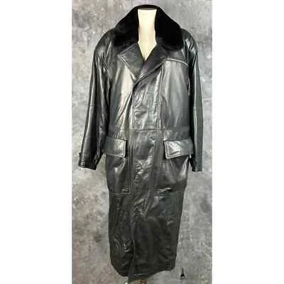 La Matta Mens Long Black Leather Coat w/ Chinchilla ? Lining Aprox sz L (13343) - Image 1 of 4
