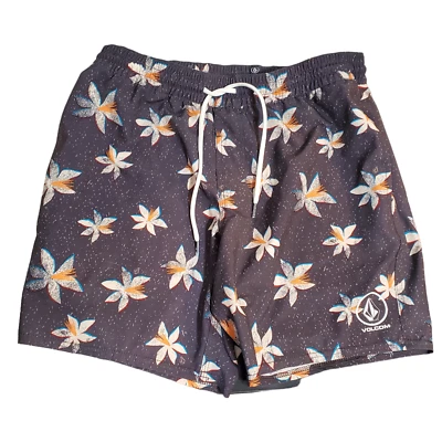 Volcom Mens Size M Manic Swim Trunks Drawstring Waist Pockets Gray Tropical - Image 1 of 4