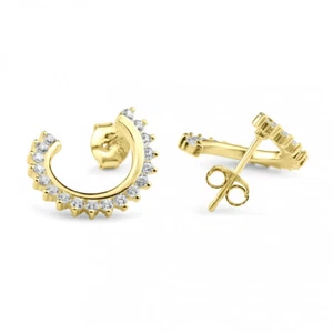 14K YELLOW GOLD OVER STERLING SILVER CRESCENT HOOP EARRINGS LAB CREATED ACCENTS - Picture 1 of 2