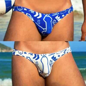 Men Beach Briefs Sexy Swimwear Blue White Graffiti Low Waist Bikini Bathing Suit - Picture 1 of 16