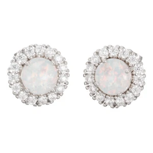 8mm Round White Fire Opal Cabochon CZ Surround Silver Jewelry Stud Earrings - Picture 1 of 6