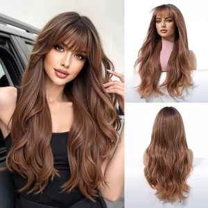 Honey Brown Long Wavy Synthetic Wig with Bangs Heat Resistant Body Wavy Cosplay - Picture 1 of 10