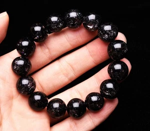 14.3mm Genuine Natural Black Super 7 Seven lepidocrocite Round Beads Bracelet - Picture 1 of 6