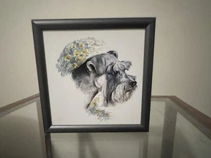 Gerahmter Schnauzer Hund Kunstwerk Realistischer Haustier Portrait Zinnrahmen - Bild 1 von 6