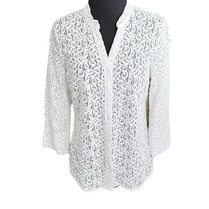 Notations Petite White Semi Sheer Lace Top Blouse Women 3/4 Sleeve Button Up EUC - Picture 1 of 10