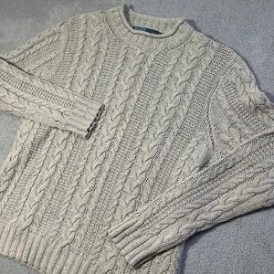 Polo Ralph Lauren Aran Cable Knit Sweater Men’s Large Beige Chunky Crewneck Hemp - Picture 1 of 9